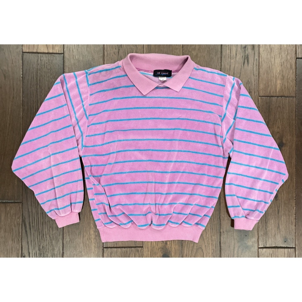 VTG 80s SK Sport Women's Pink Blue Stripped Terry Cloth Sweatshirt - Size Medium